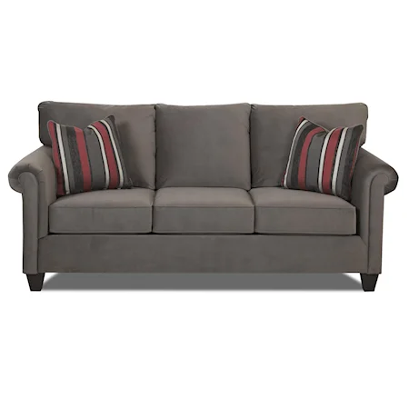 Transitional Dreamquest Queen Sleeper Sofa with Rolled Arms and Tapered Wood Feet